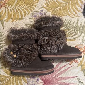 BearPaw Brown and Gray Winter Boots with Faux Fur Trim